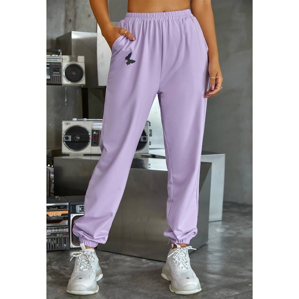 

Butterfly Print Slant Pocket Sweatpants, Lilac purple