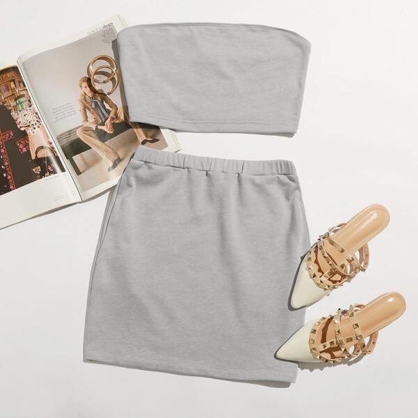 

Solid Bandeau Top & Skirt Set, Grey