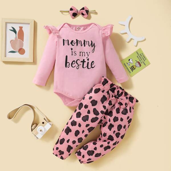 

Baby Girl Slogan Graphic Bodysuit & Bow Front Pants & Headband, Baby pink