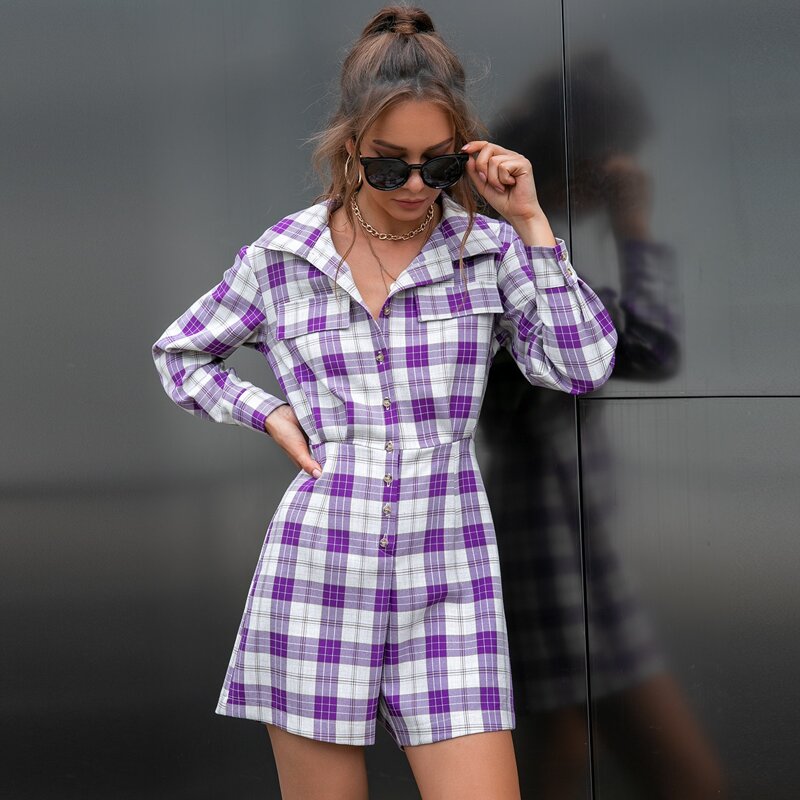 

D&M Button Front Drop Shoulder Plaid Romper, Multicolor
