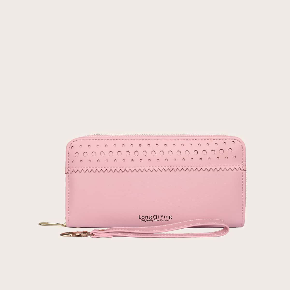 

Hollow Out Long Purse With Wristlet, Pink