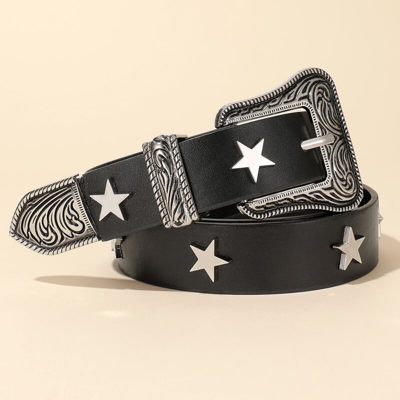 

Star Decor Engraved Buckle Belt, Black