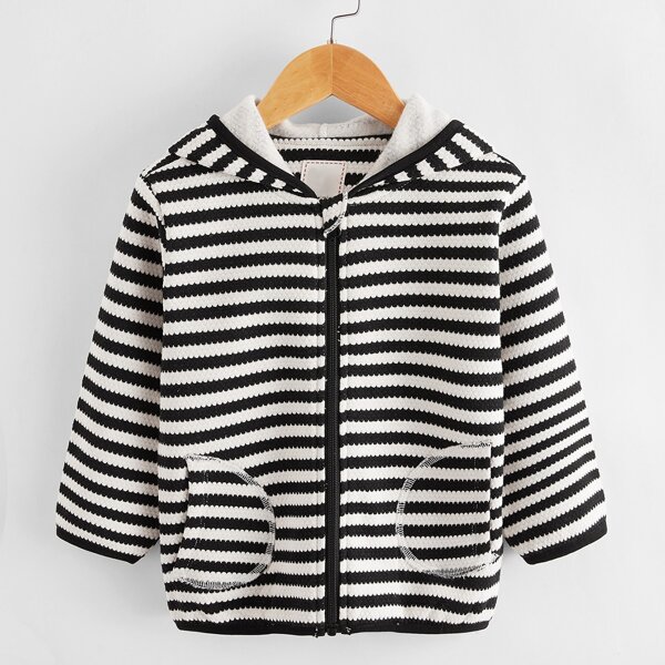 

Toddler Boys Striped Dual Pocket Zip-up Hooded Jacket, Black and white