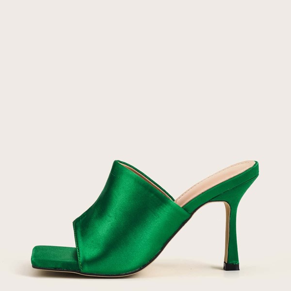 

Open Toe Stiletto Heeled Satin Mules, Green