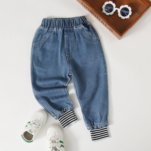 

Toddler Girls Striped Hem Pocket Elastic Waist Jeans, Medium wash