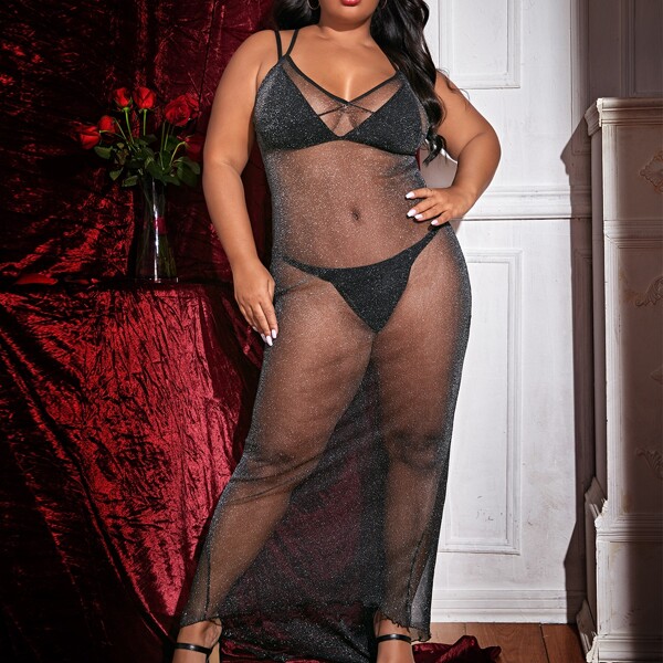 

Plus Glitter Mesh Longline Slips & Thong, Black