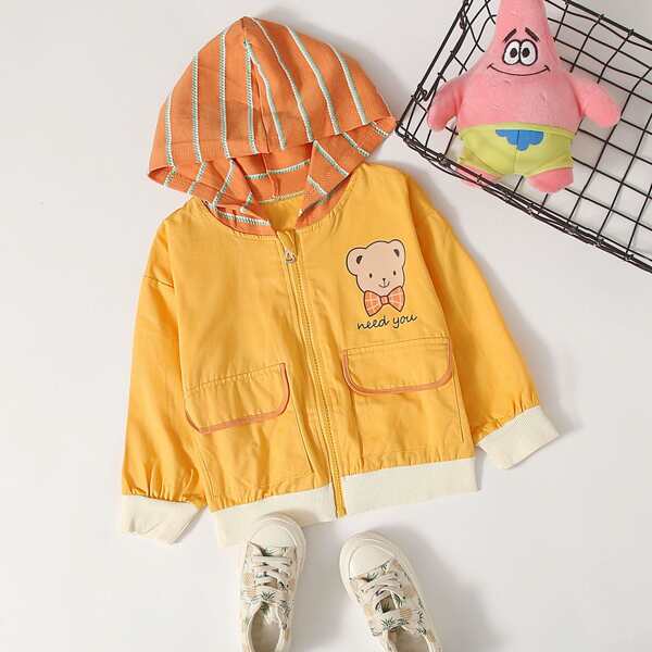 

Toddler Girls Bear & Slogan Graphic Flap Pocket Hooded Jacket, Mustard yellow