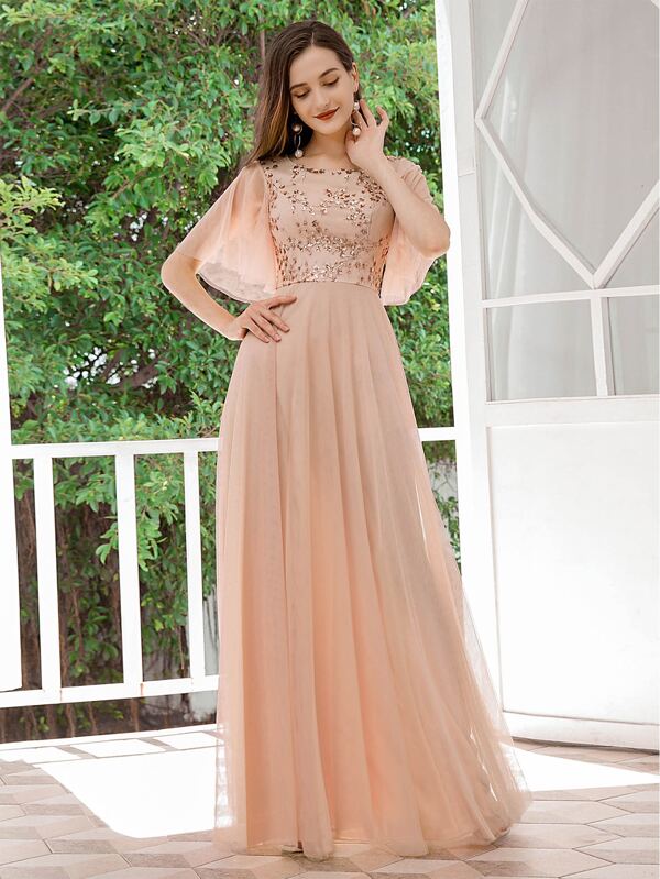 long sleeve mesh prom dress