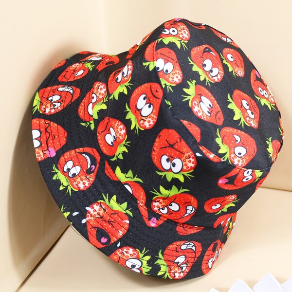 

Cartoon Strawberry Print Bucket Hat, Black