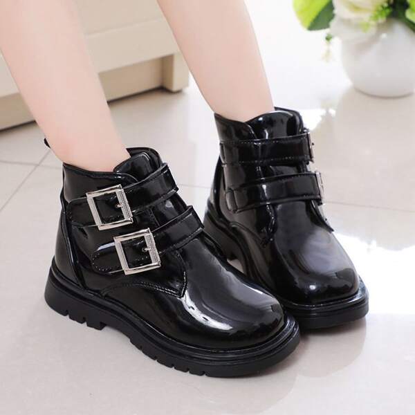 

Girls Pin Buckle Decor Velcro Strap Boots, Black