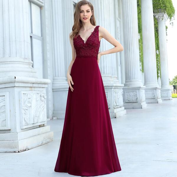 

Zip Back Applique Chiffon Prom Dress, Maroon