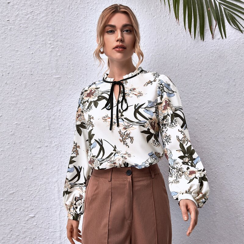 

Floral Print Frill Trim Tie Neck Blouse, Multicolor