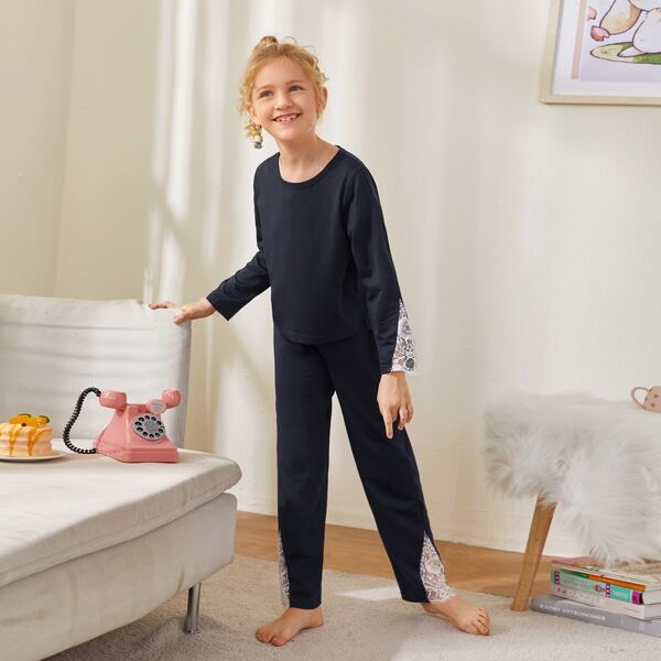 

Girls Lace Panel Pajama Set, Navy blue