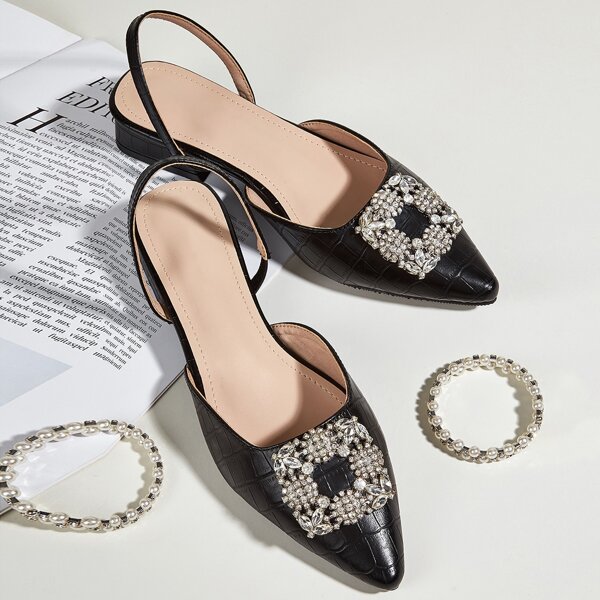

Rhinestone Decor Slingback Flats, Black