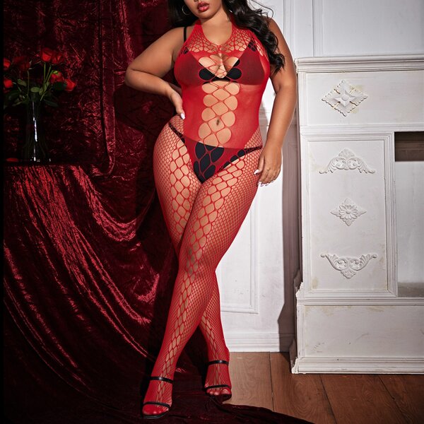 

Plus Cut-out Sheer Bodystocking, Red