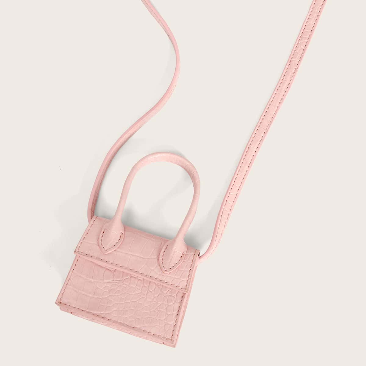 

Mini Croc Embossed Top Handle Satchel Bag, Pink
