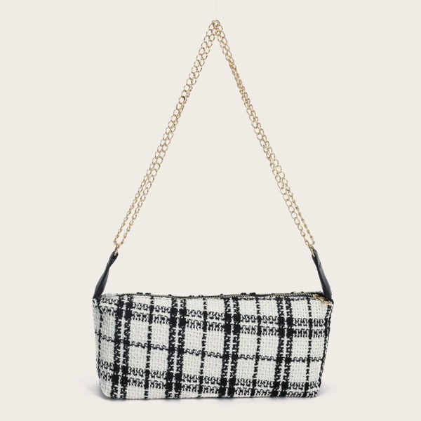 

Plaid Pattern Shoulder Bag, Black and white