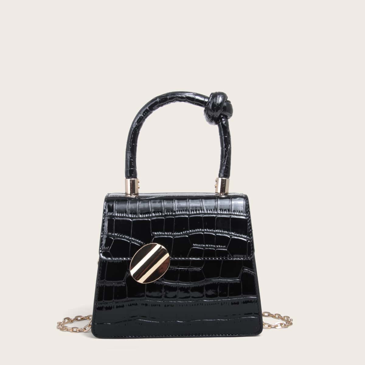 

Croc Embossed Top Handle Satchel Bag, Black