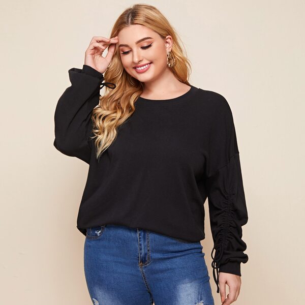 

Plus Drawstring Sleeve Solid Pullover, Black