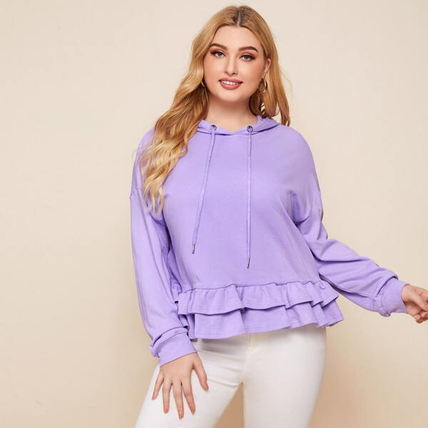

Plus Ruffle Hem Drawstring Hoodie, Lilac purple