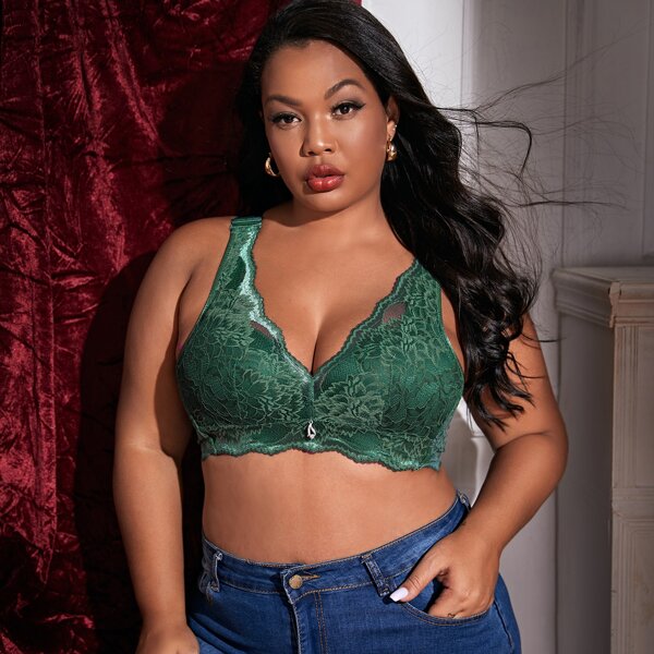 

Plus Floral Lace Bra, Green