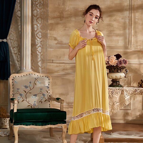 

Contrast Lace Frill Trim Night Dress, Yellow