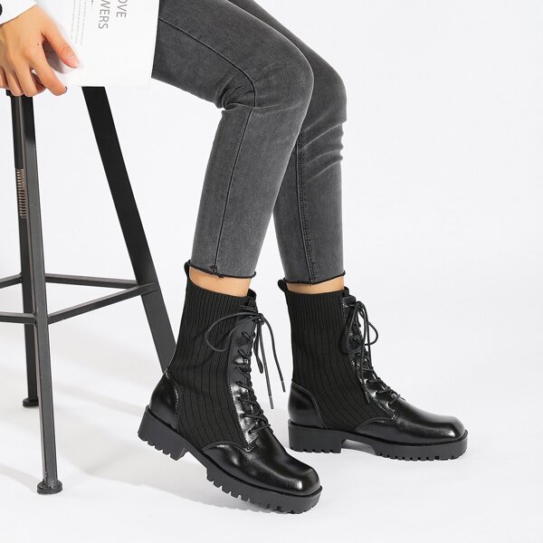 

Square Toe Lace-up Front Boots, Black