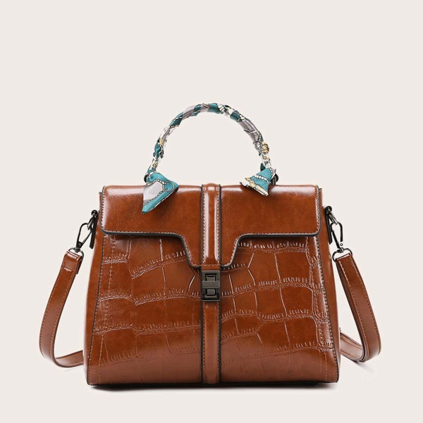 

Twilly Scarf Decor Croc Embossed Satchel Bag, Brown