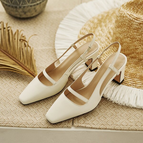 

Calfskin Leather Breathable Slingback Mid Heeled Pumps, White