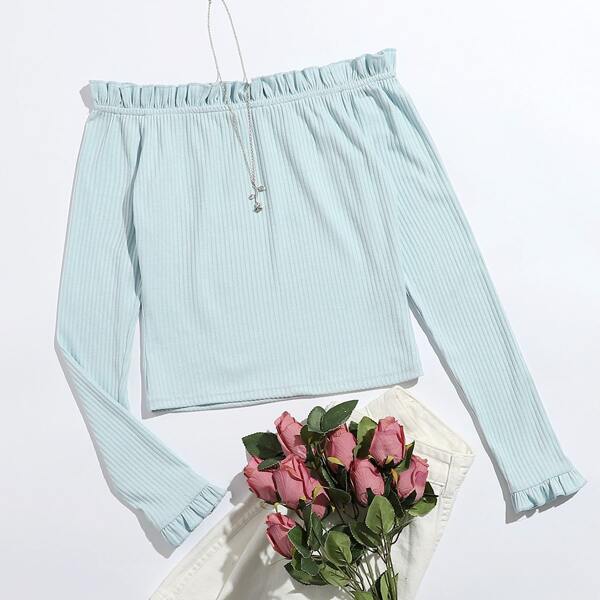 

Ruffle Trim Off Shoulder Top, Pastel mint blue
