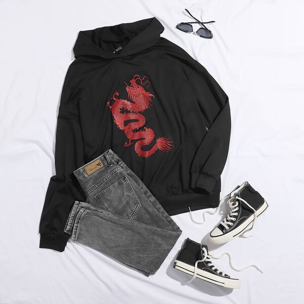 

Plus Chinese Dragon Graphic Hoodie, Black