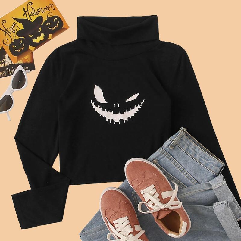 

Graphic Print High Neck Tee, Black