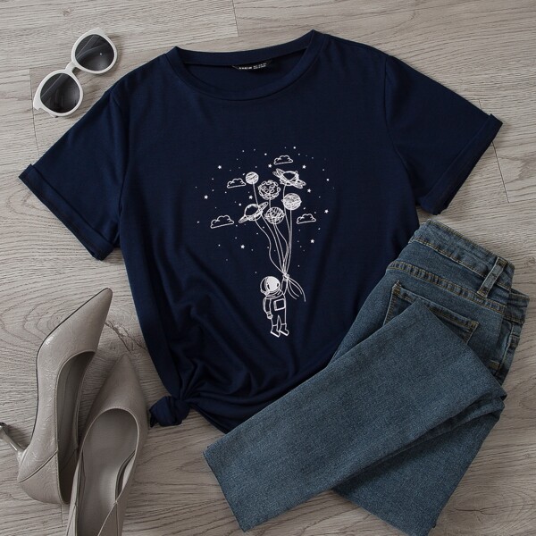 

Plus Cartoon Graphic Short Sleeve Tee, Navy blue