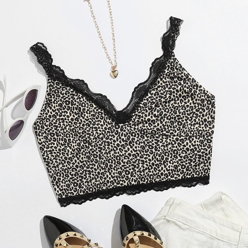 

Leopard Lace Trim Crop Cami, Multicolor