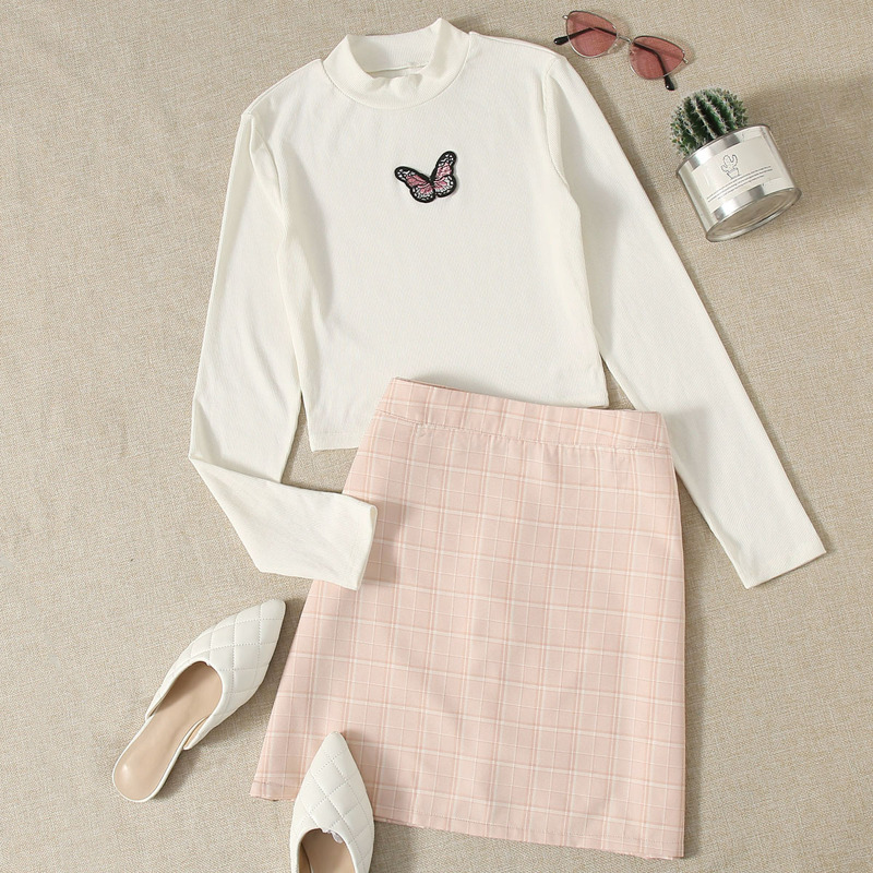 

Butterfly Embroidery Tee & Plaid Skirt, Multicolor
