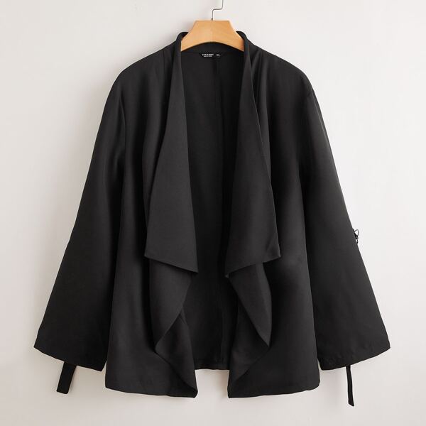 

Plus Waterfall Collar Roll Up Sleeve Open Front Coat, Black