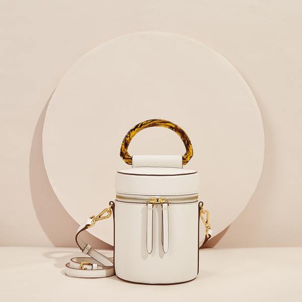 

Zip Around Calfskin Leather Bucket Bag, White