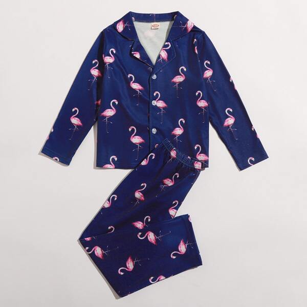 

Toddler Girls Lapel Collar Flamingo Print PJ Set, Navy blue