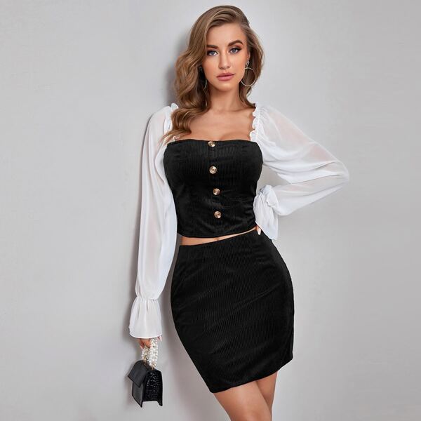 

Button Front Flounce Sleeve Corduroy Top & Skirt, Black and white