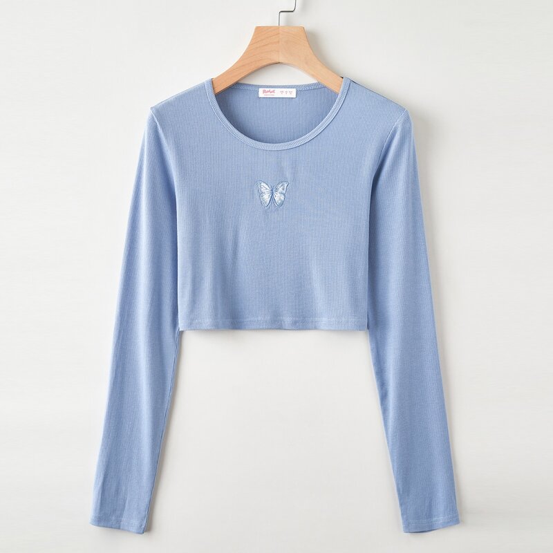 

Butterfly Embroidery Crop Tee, Baby blue