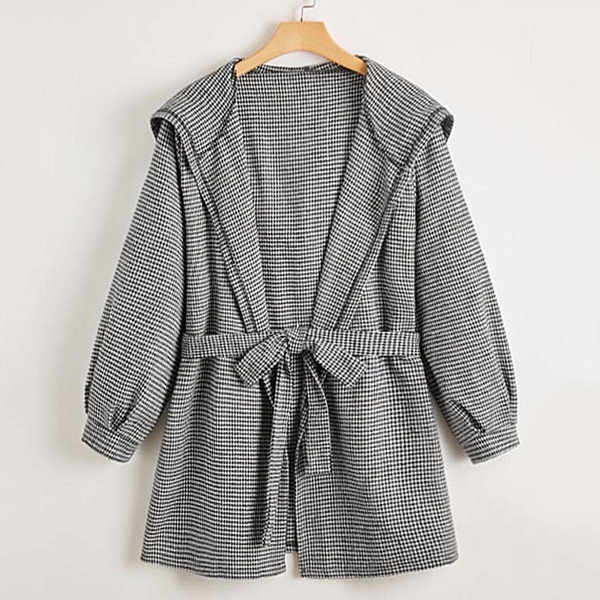 

Plus Houndstooth Belted Open Front Hooded Coat, Black and white