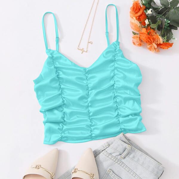 

Shirred Back Ruched Satin Cami Top, Bright mint blue