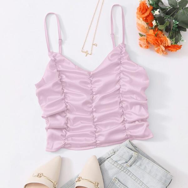 

Shirred Back Ruched Satin Cami Top, Pastel lilac purple