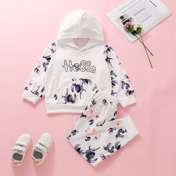 

Toddler Girls Floral & Letter Graphic Kangaroo Pocket Hoodie & Sweatpants, White