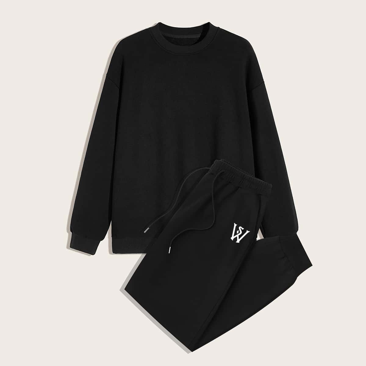 

Guys Letter Print Back Sweatshirt & Sweatpants, Black