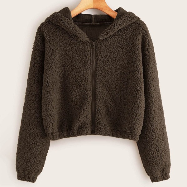 

Zipper Up Front Hooded Teddy Jacket, Chocolate brown