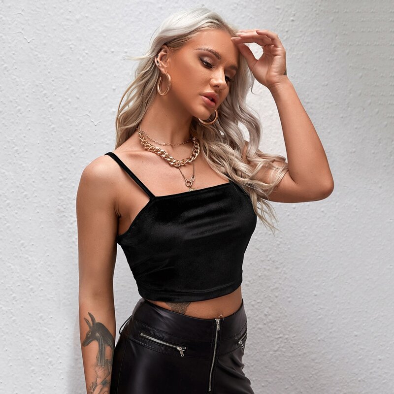 

Solid Velvet Crop Cami Top, Black