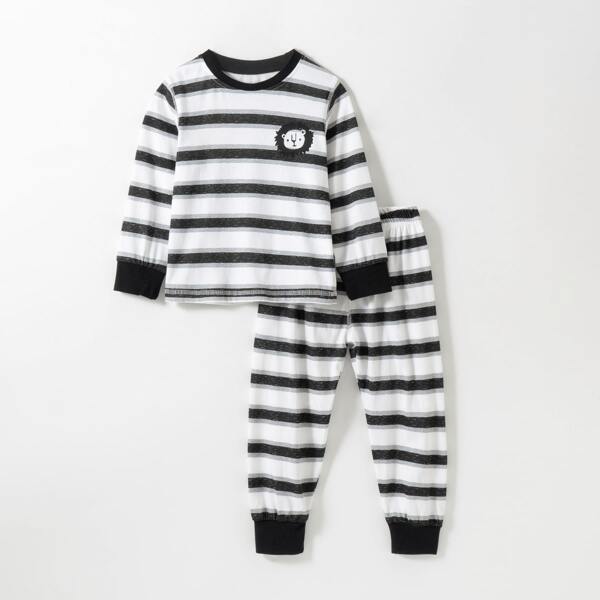 

Toddler Girls Cartoon Lion Print Striped Pajama Set, Black and white