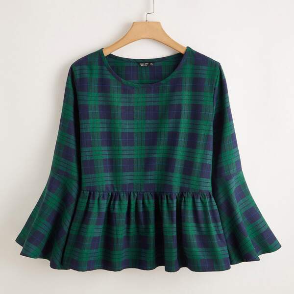 

Plus Plaid Flounce Sleeve Peplum Blouse, Multicolor