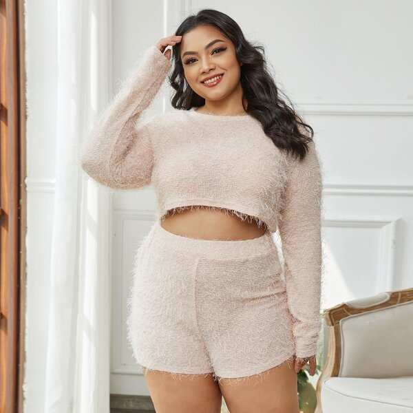 

Plus Fluffy Knit Crop Top & Shorts PJ Set, Pastel baby pink
